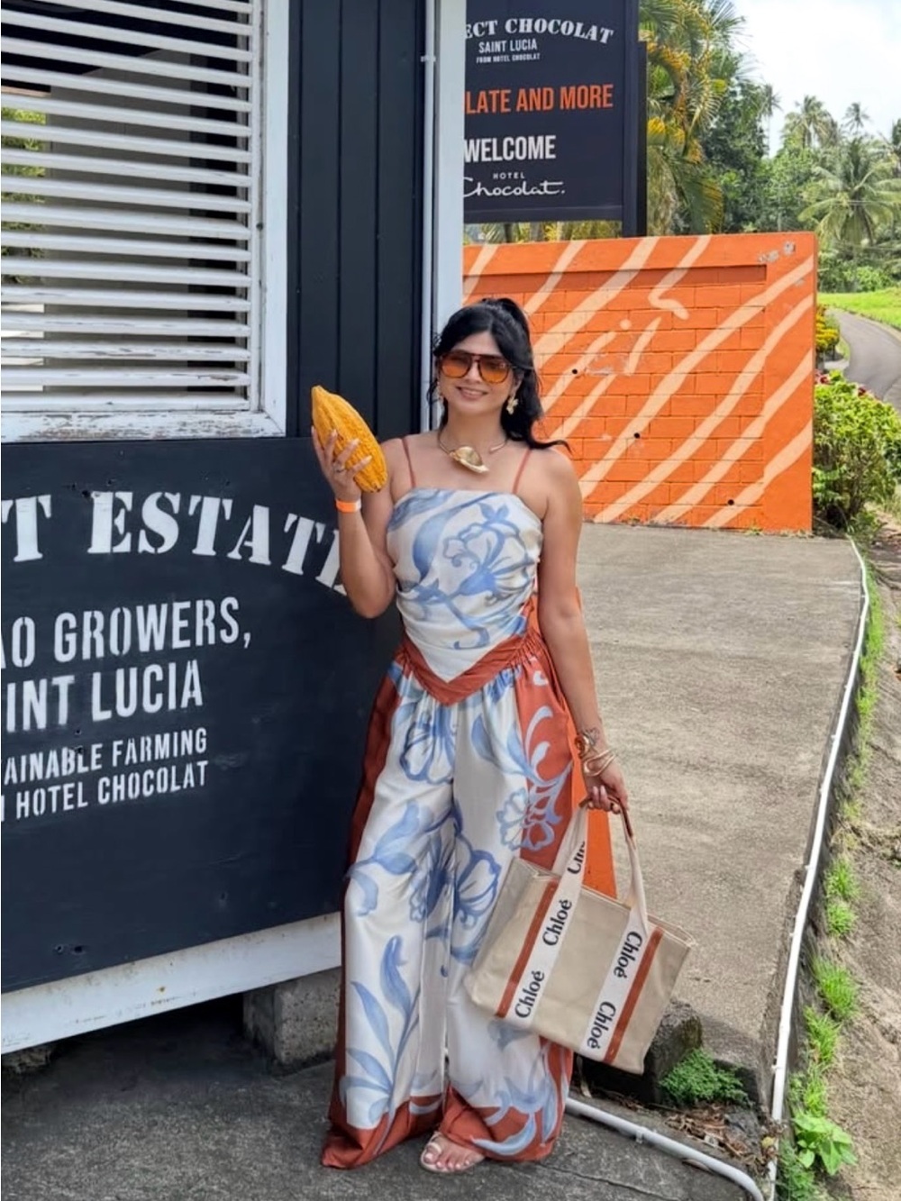 Strapless Floral Wide-Leg Jumpsuit in White, Blue & Rust